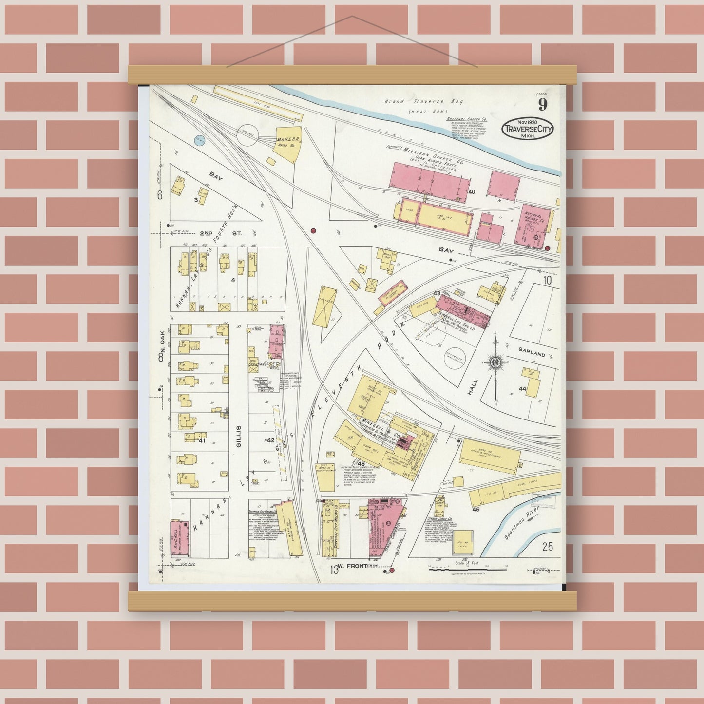 Old map wall art mockup — magnetic wood frame on brick wall — Sanborn Fire Insurance Map from Traverse City, Grand Traverse County, Michigan (1920), Sheet #0009