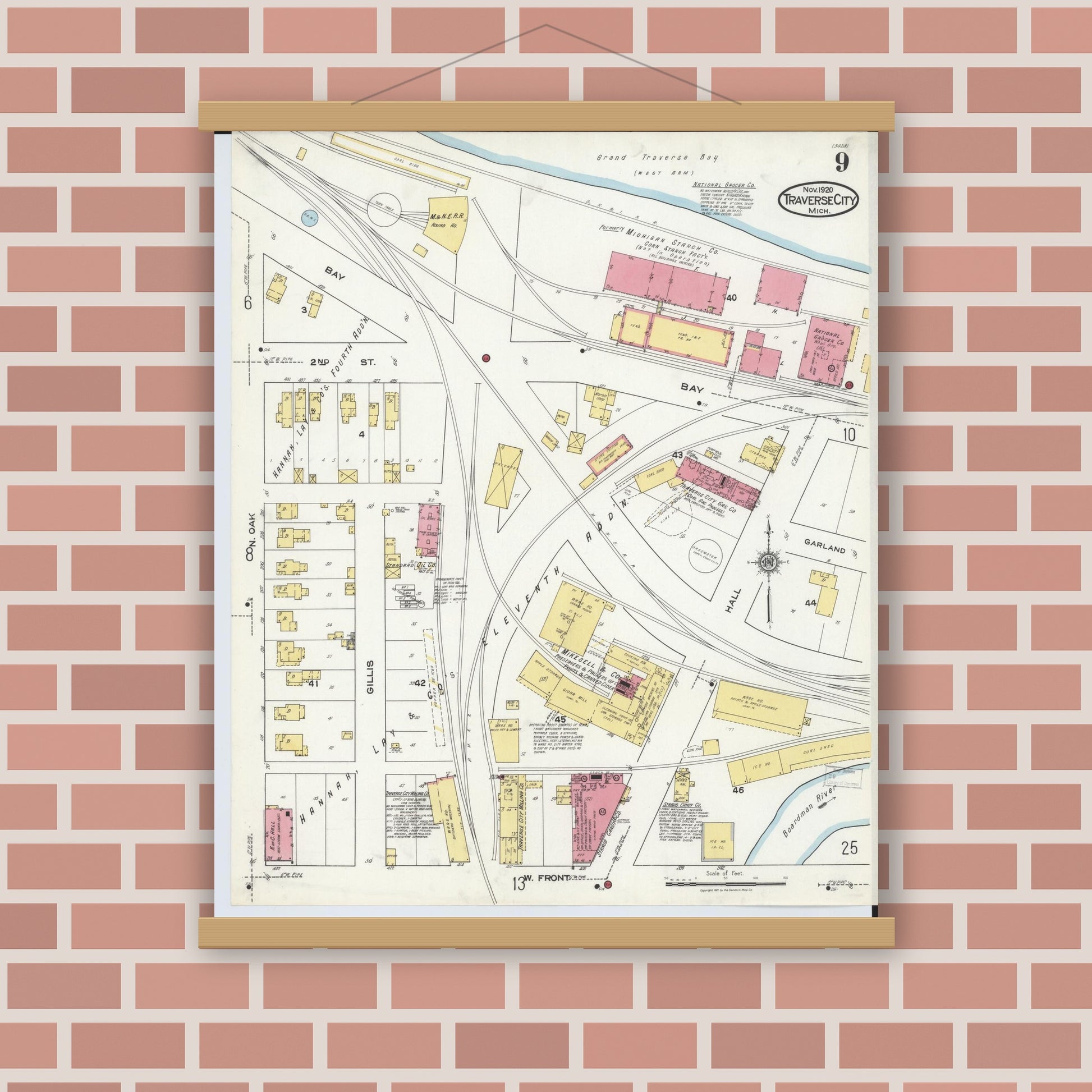 Old map wall art mockup — magnetic wood frame on brick wall — Sanborn Fire Insurance Map from Traverse City, Grand Traverse County, Michigan (1920), Sheet #0009