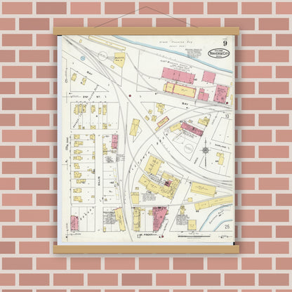 Old map wall art mockup — magnetic wood frame on brick wall — Sanborn Fire Insurance Map from Traverse City, Grand Traverse County, Michigan (1920), Sheet #0009
