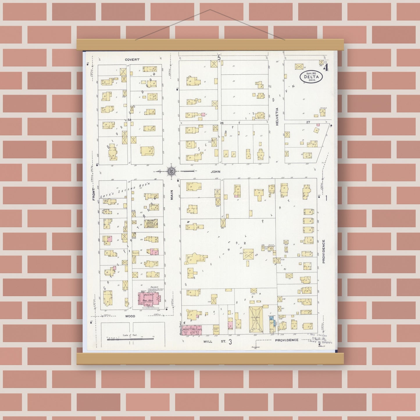 Old map wall art mockup — magnetic wood frame on brick wall — Sanborn Fire Insurance Map from Delta, Fulton County, Ohio (1910), Sheet #0004