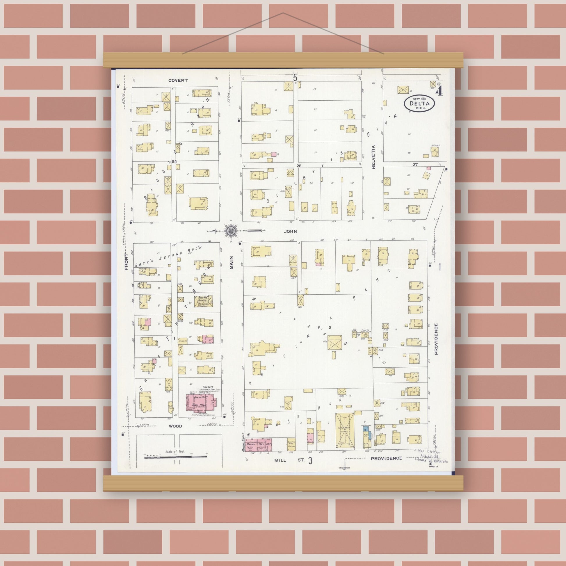 Old map wall art mockup — magnetic wood frame on brick wall — Sanborn Fire Insurance Map from Delta, Fulton County, Ohio (1910), Sheet #0004