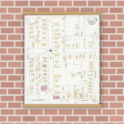 Old map wall art mockup — magnetic wood frame on brick wall — Sanborn Fire Insurance Map from Delta, Fulton County, Ohio (1910), Sheet #0004