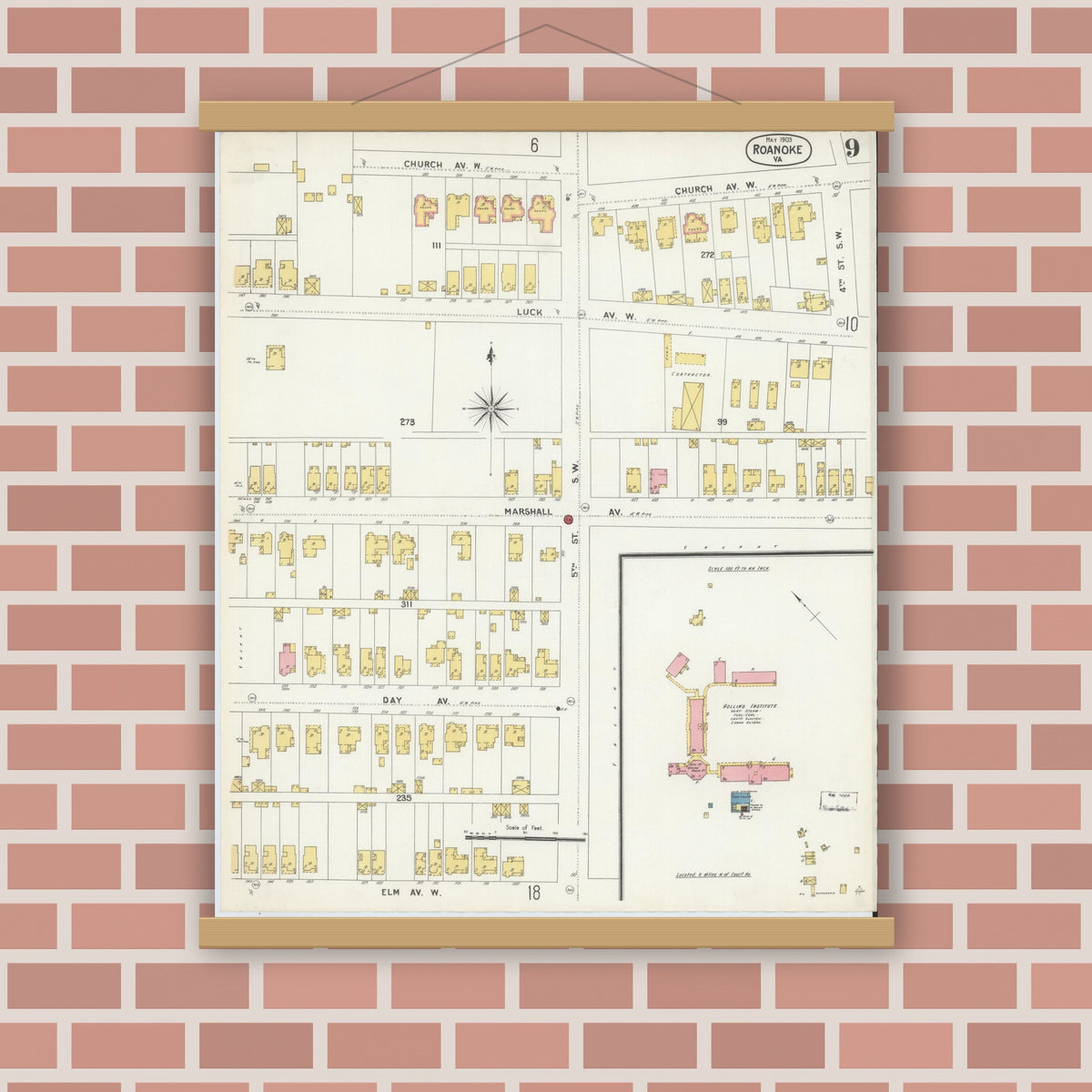 Old map wall art mockup — magnetic wood frame on brick wall — Sanborn Fire Insurance Map from Roanoke, Independent Cities, Virginia (1903), Sheet #0009