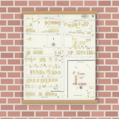 Old map wall art mockup — magnetic wood frame on brick wall — Sanborn Fire Insurance Map from Roanoke, Independent Cities, Virginia (1903), Sheet #0009