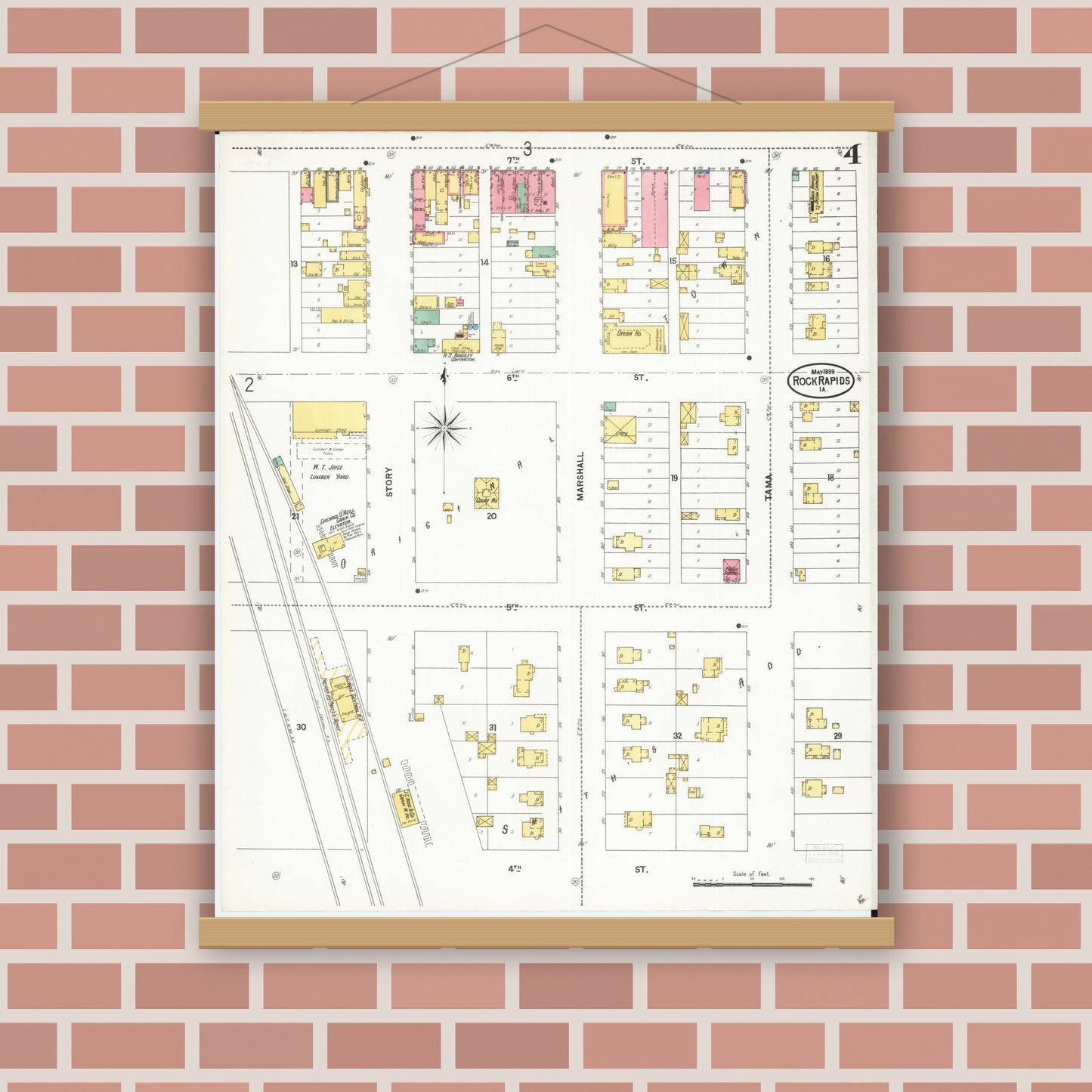 Old map wall art mockup — magnetic wood frame on brick wall — Sanborn Fire Insurance Map from Rock Rapids, Lyon County, Iowa (1899), Sheet #0004