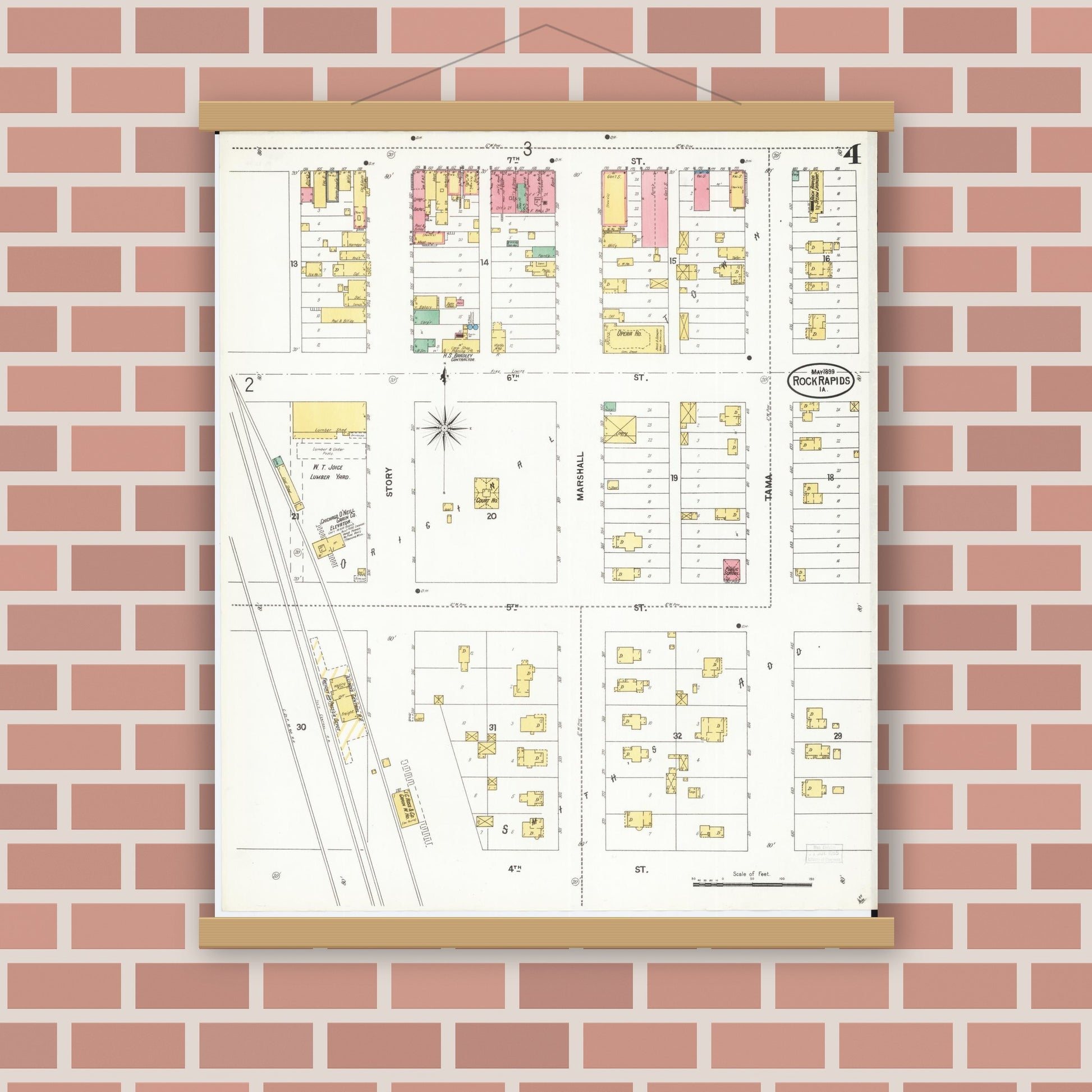 Old map wall art mockup — magnetic wood frame on brick wall — Sanborn Fire Insurance Map from Rock Rapids, Lyon County, Iowa (1899), Sheet #0004