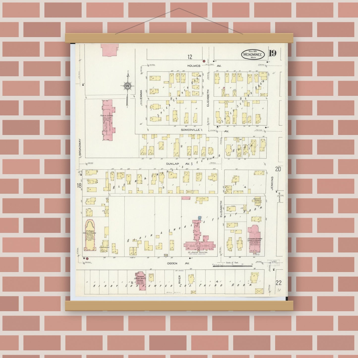 Old map wall art mockup — magnetic wood frame on brick wall — Sanborn Fire Insurance Map from Menominee, Menominee County, Michigan (1913), Sheet #0019