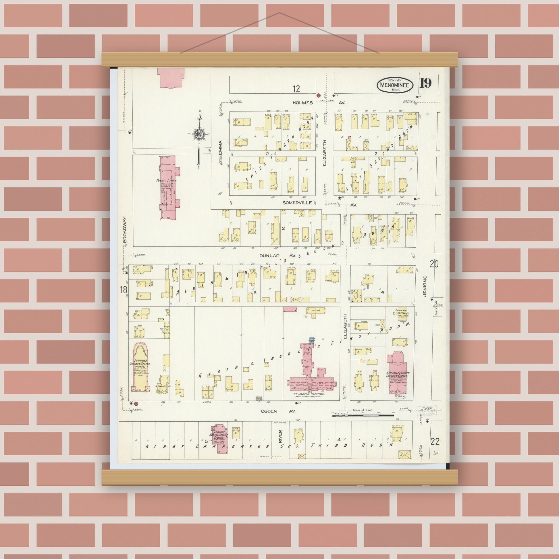 Old map wall art mockup — magnetic wood frame on brick wall — Sanborn Fire Insurance Map from Menominee, Menominee County, Michigan (1913), Sheet #0019