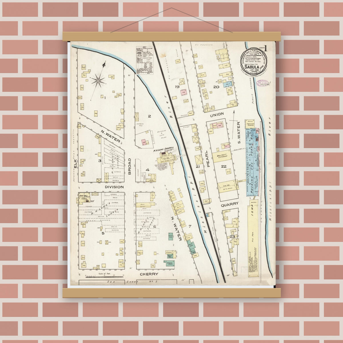 Old map wall art mockup — magnetic wood frame on brick wall — Sanborn Fire Insurance Map from Sabula, Jackson County, Iowa (1886) â€” Complete Set