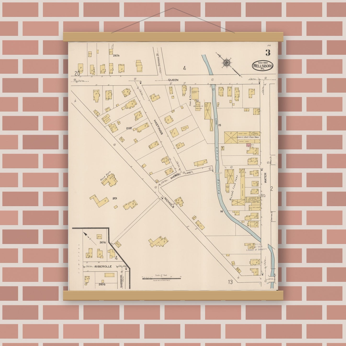 Old map wall art mockup — magnetic wood frame on brick wall — Sanborn Fire Insurance Map from Wellsboro, Tioga County, Pennsylvania (1922), Sheet #0003