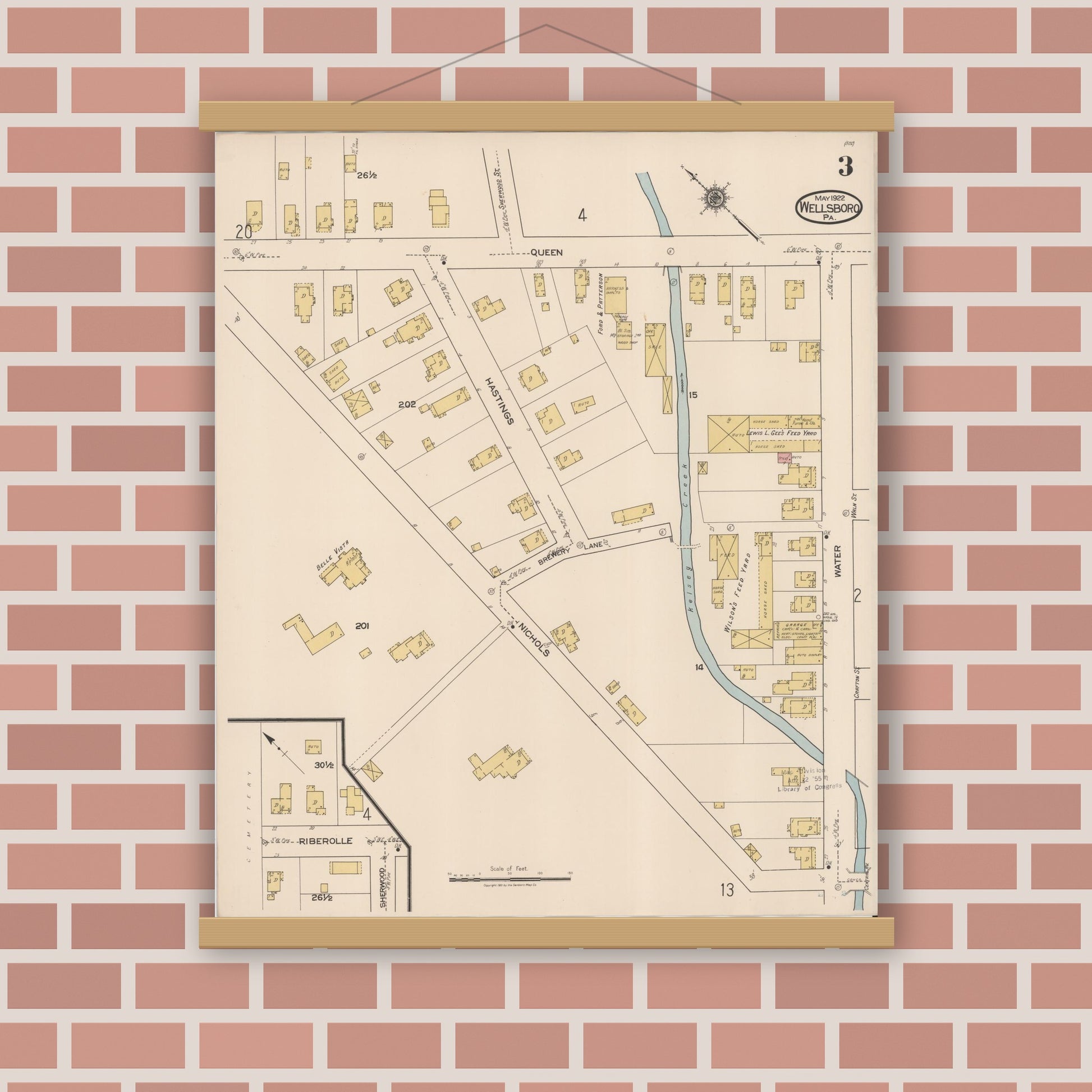Old map wall art mockup — magnetic wood frame on brick wall — Sanborn Fire Insurance Map from Wellsboro, Tioga County, Pennsylvania (1922), Sheet #0003