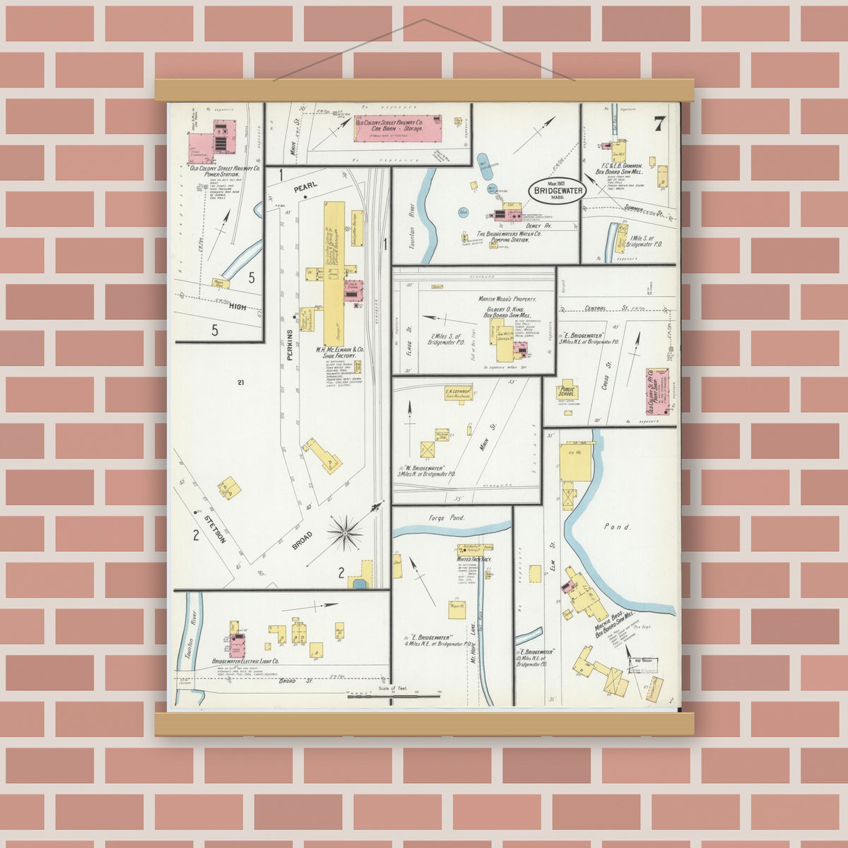 Old map wall art mockup — magnetic wood frame on brick wall — Sanborn Fire Insurance Map from Bridgewater, Plymouth County, Massachusetts (1901), Sheet #0007