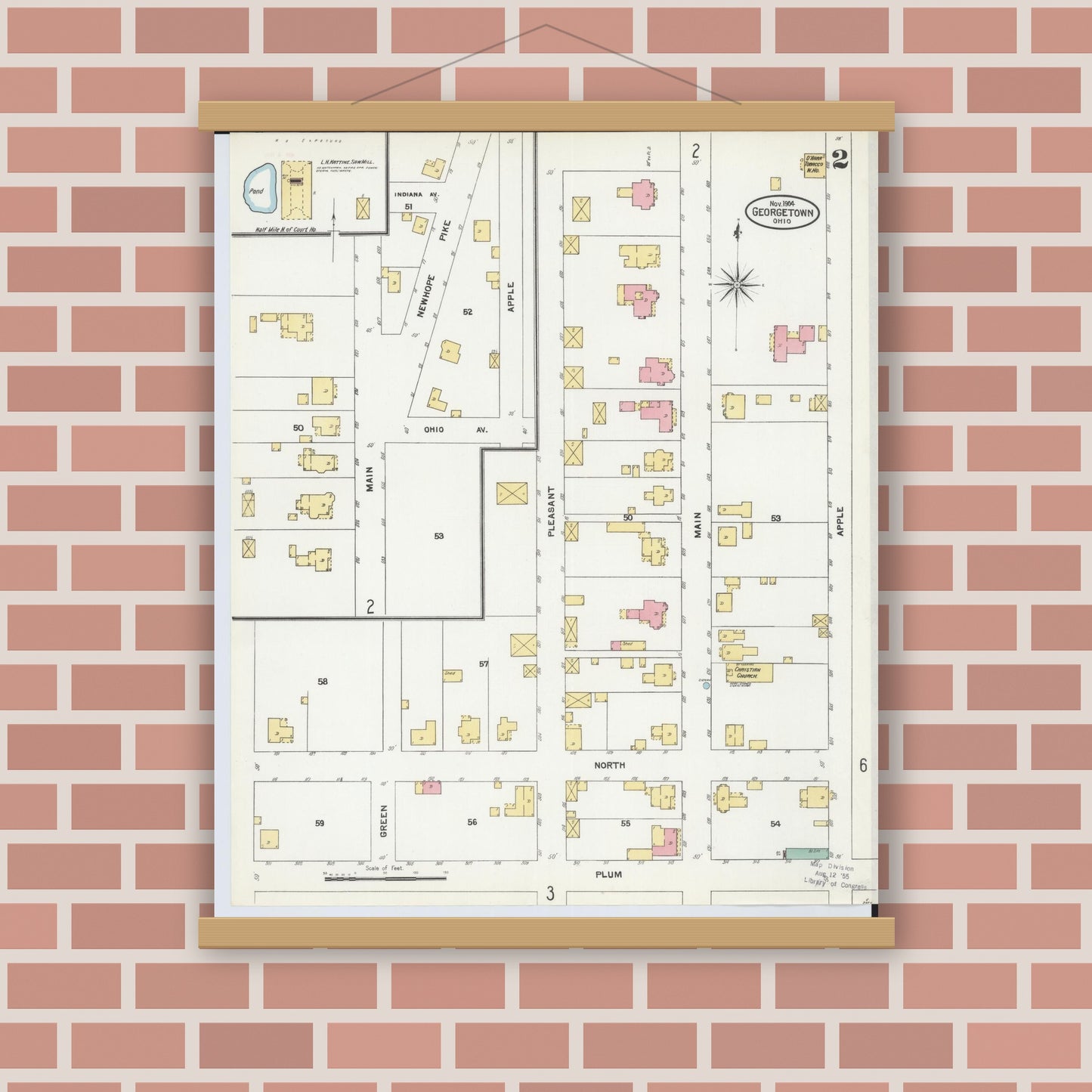 Old map wall art mockup — magnetic wood frame on brick wall — Sanborn Fire Insurance Map from Georgetown, Brown County, Ohio (1904), Sheet #0002