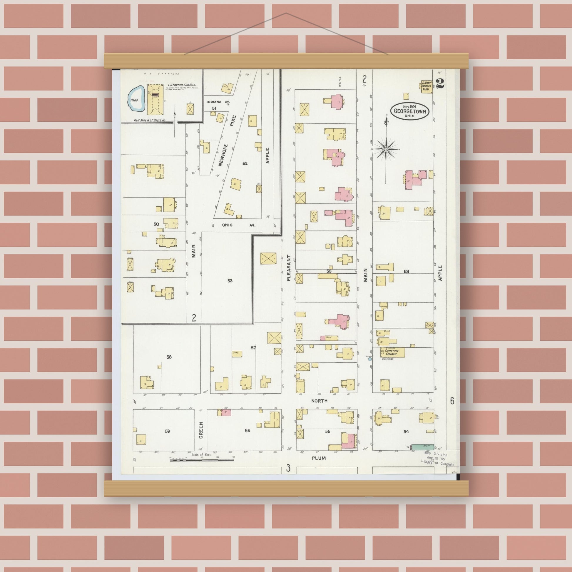 Old map wall art mockup — magnetic wood frame on brick wall — Sanborn Fire Insurance Map from Georgetown, Brown County, Ohio (1904), Sheet #0002
