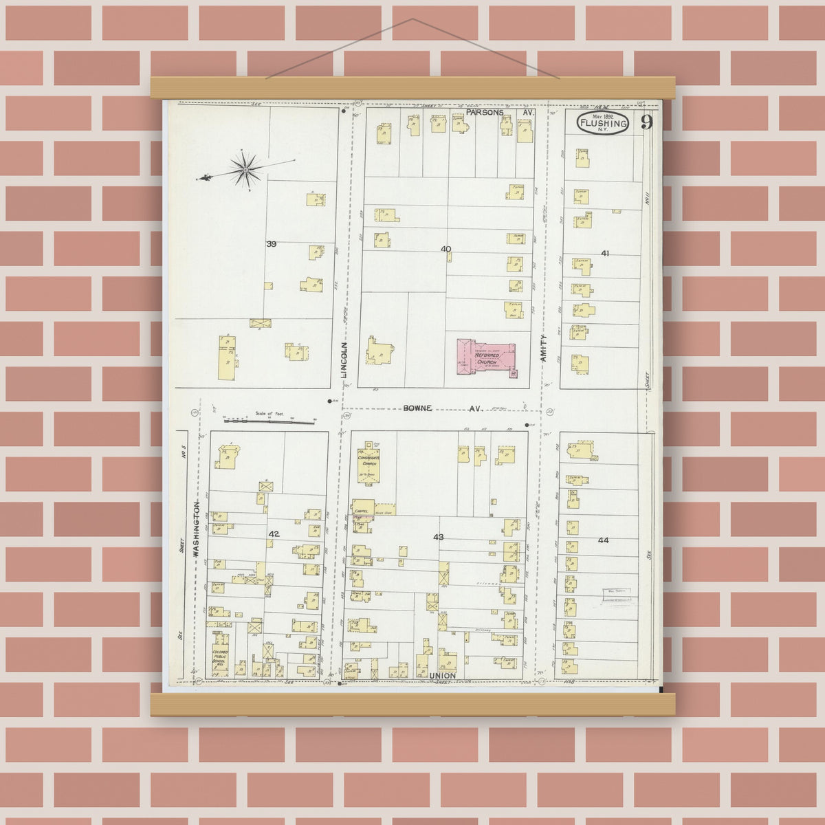 Old map wall art mockup — magnetic wood frame on brick wall — Sanborn Fire Insurance Map from Flushing, Queens County, New York (1892), Sheet #0009