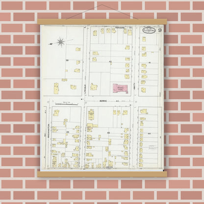 Old map wall art mockup — magnetic wood frame on brick wall — Sanborn Fire Insurance Map from Flushing, Queens County, New York (1892), Sheet #0009