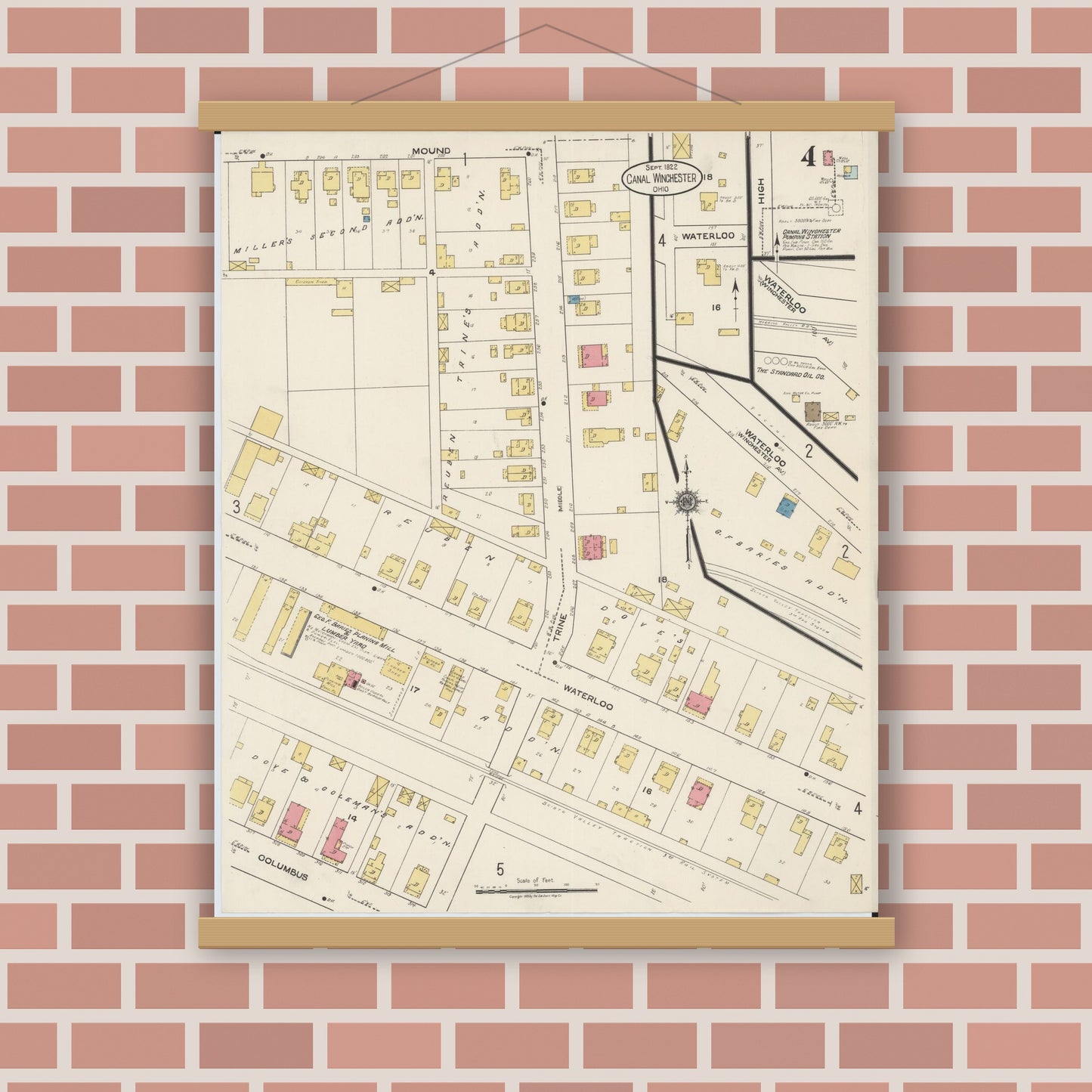 Old map wall art mockup — magnetic wood frame on brick wall — Sanborn Fire Insurance Map from Canal Winchester, Franklin County, Ohio (1922), Sheet #0004