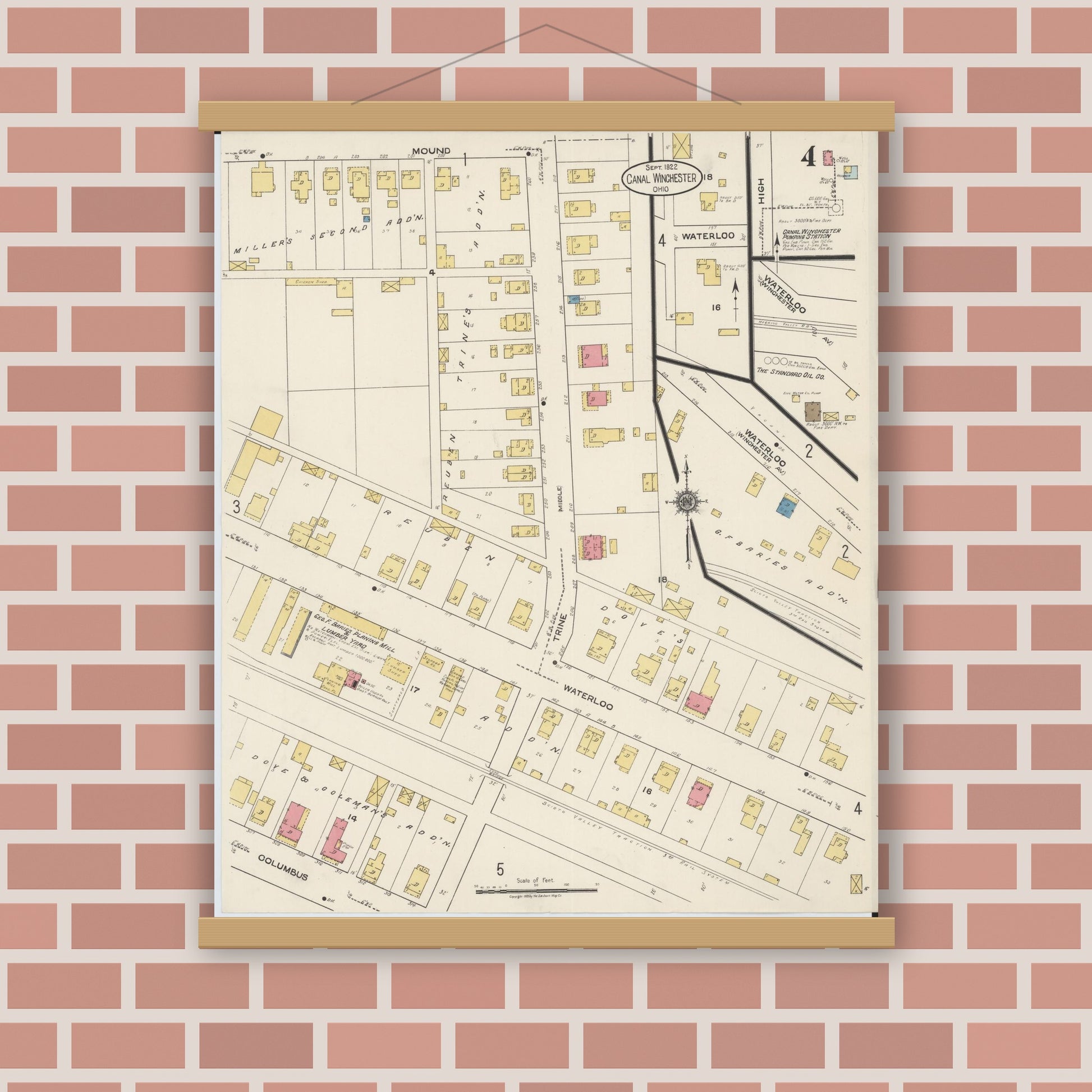 Old map wall art mockup — magnetic wood frame on brick wall — Sanborn Fire Insurance Map from Canal Winchester, Franklin County, Ohio (1922), Sheet #0004