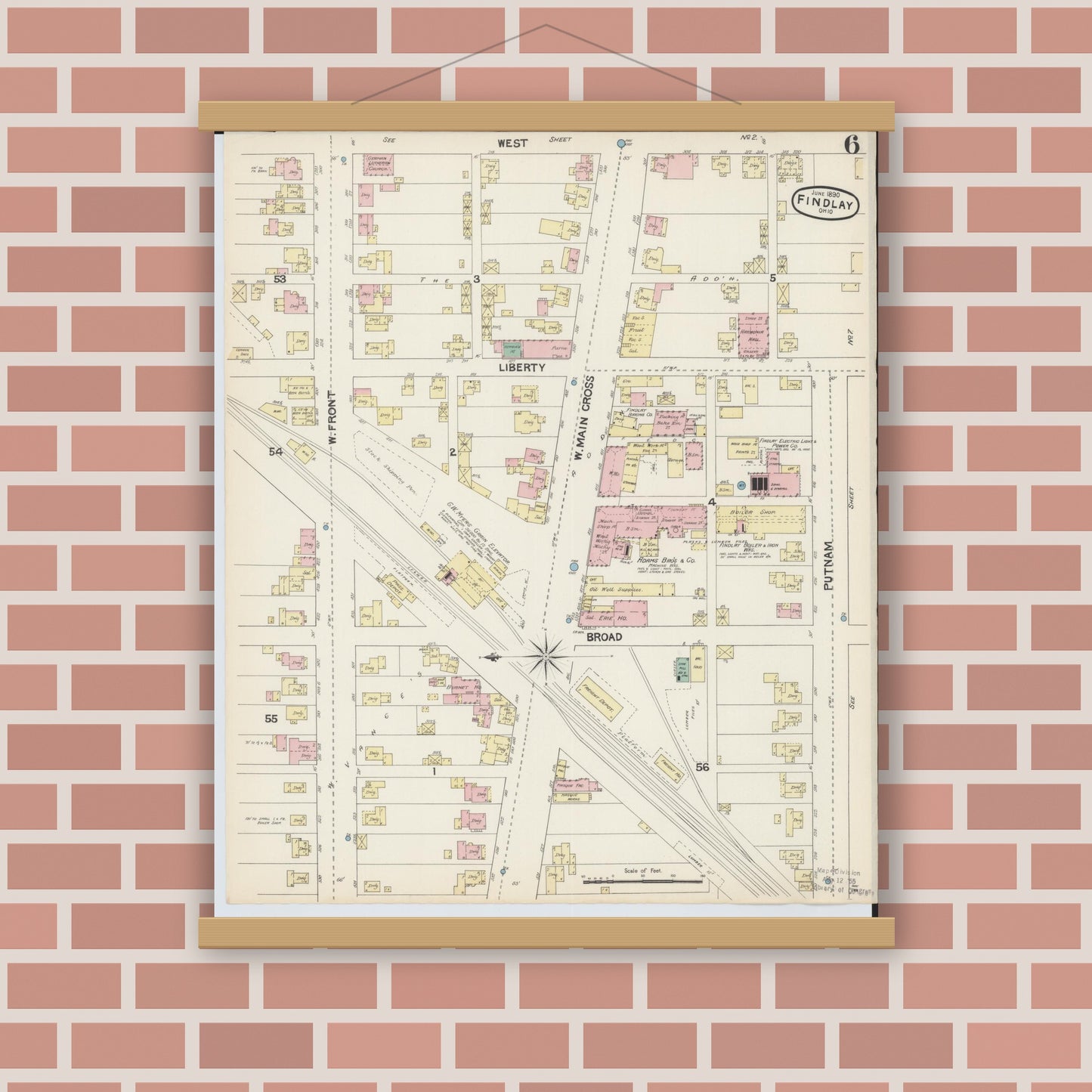 Old map wall art mockup — magnetic wood frame on brick wall — Sanborn Fire Insurance Map from Findlay, Hancock County, Ohio (1890), Sheet #0006