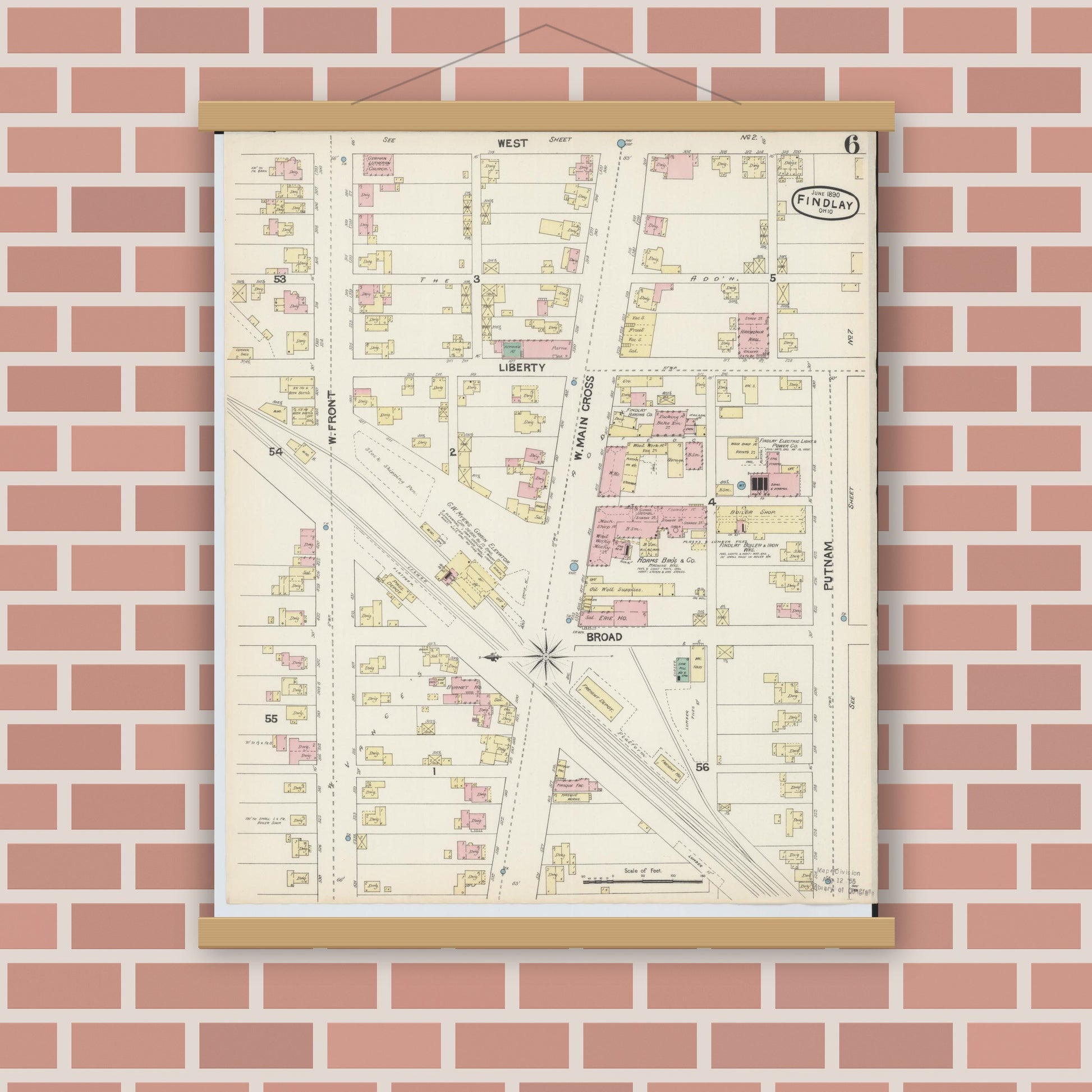 Old map wall art mockup — magnetic wood frame on brick wall — Sanborn Fire Insurance Map from Findlay, Hancock County, Ohio (1890), Sheet #0006