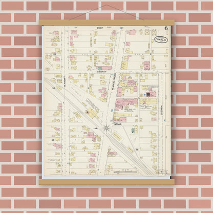 Old map wall art mockup — magnetic wood frame on brick wall — Sanborn Fire Insurance Map from Findlay, Hancock County, Ohio (1890), Sheet #0006