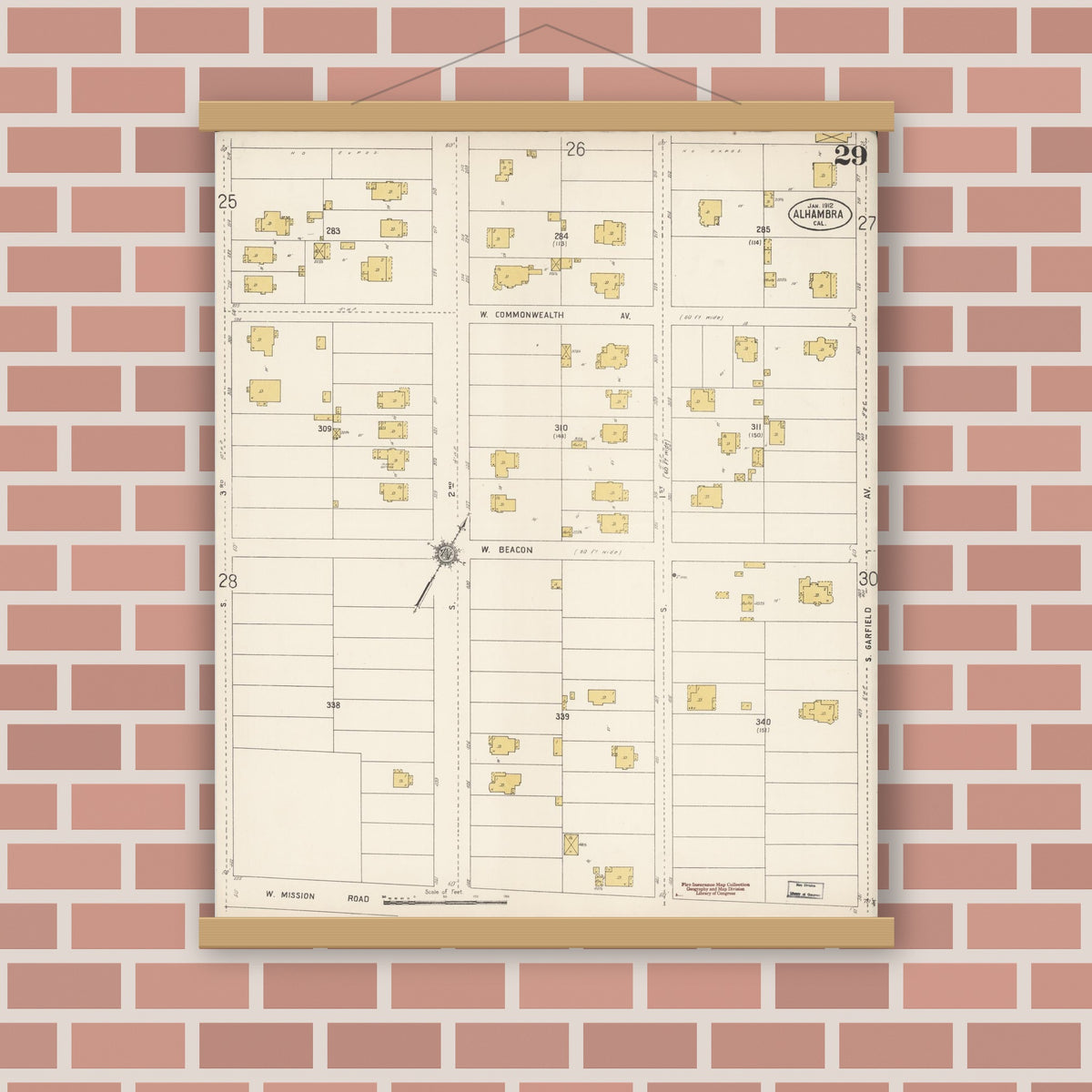 Old map wall art mockup — magnetic wood frame on brick wall — Sanborn Fire Insurance Map from Alhambra, Los Angeles County, California (1912), Sheet #0029