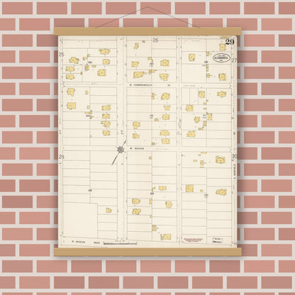 Old map wall art mockup — magnetic wood frame on brick wall — Sanborn Fire Insurance Map from Alhambra, Los Angeles County, California (1912), Sheet #0029