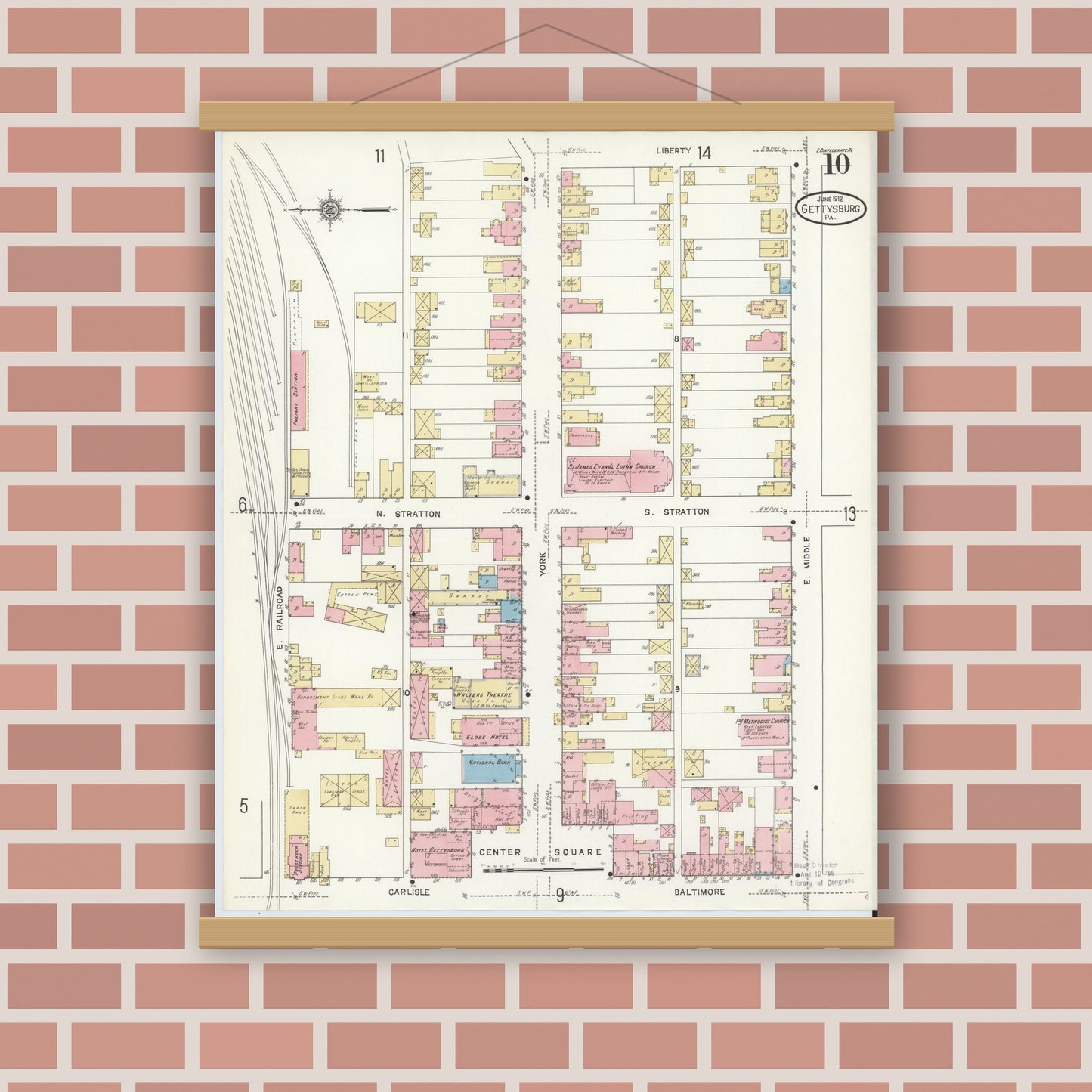 Old map wall art mockup — magnetic wood frame on brick wall — Sanborn Fire Insurance Map from Gettysburg, Adams County, Pennsylvania (1912), Sheet #0010