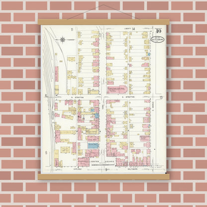 Old map wall art mockup — magnetic wood frame on brick wall — Sanborn Fire Insurance Map from Gettysburg, Adams County, Pennsylvania (1912), Sheet #0010