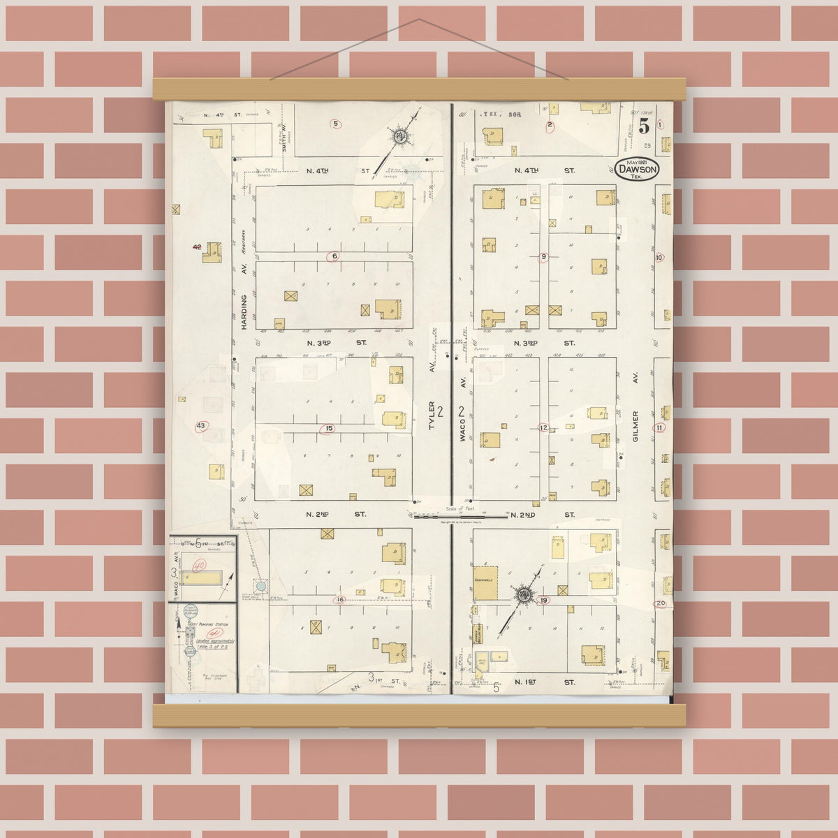Old map wall art mockup — magnetic wood frame on brick wall — Sanborn Fire Insurance Map from Dawson, Navarro County, Texas (1943), Sheet #0005