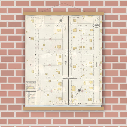 Old map wall art mockup — magnetic wood frame on brick wall — Sanborn Fire Insurance Map from Dawson, Navarro County, Texas (1943), Sheet #0005