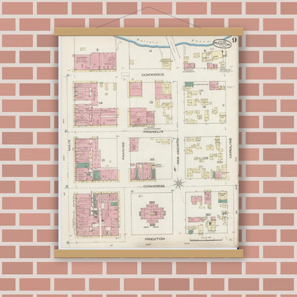 Old map wall art mockup — magnetic wood frame on brick wall — Sanborn Fire Insurance Map from Houston, Harris County, Texas (1885), Sheet #0009