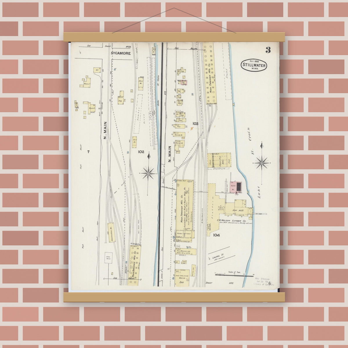 Old map wall art mockup — magnetic wood frame on brick wall — Sanborn Fire Insurance Map from Stillwater, Washington County, Minnesota (1888), Sheet #0003
