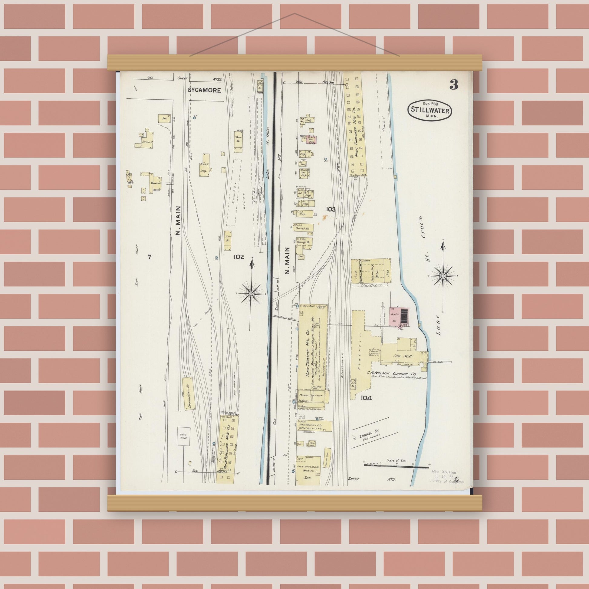 Old map wall art mockup — magnetic wood frame on brick wall — Sanborn Fire Insurance Map from Stillwater, Washington County, Minnesota (1888), Sheet #0003