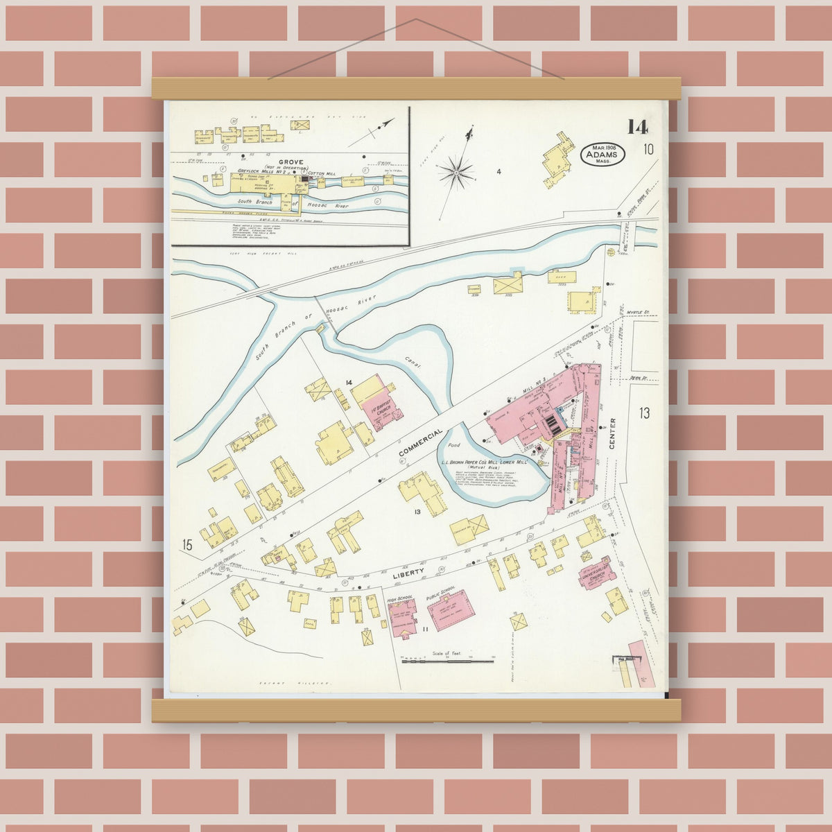 Old map wall art mockup — magnetic wood frame on brick wall — Sanborn Fire Insurance Map from Adams, Berkshire County, Massachusetts (1908), Sheet #0014