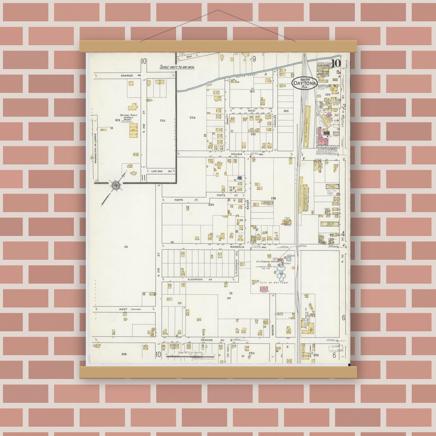 Old map wall art mockup — magnetic wood frame on brick wall — Sanborn Fire Insurance Map from Daytona, Volusia County, Florida (1916), Sheet #0010