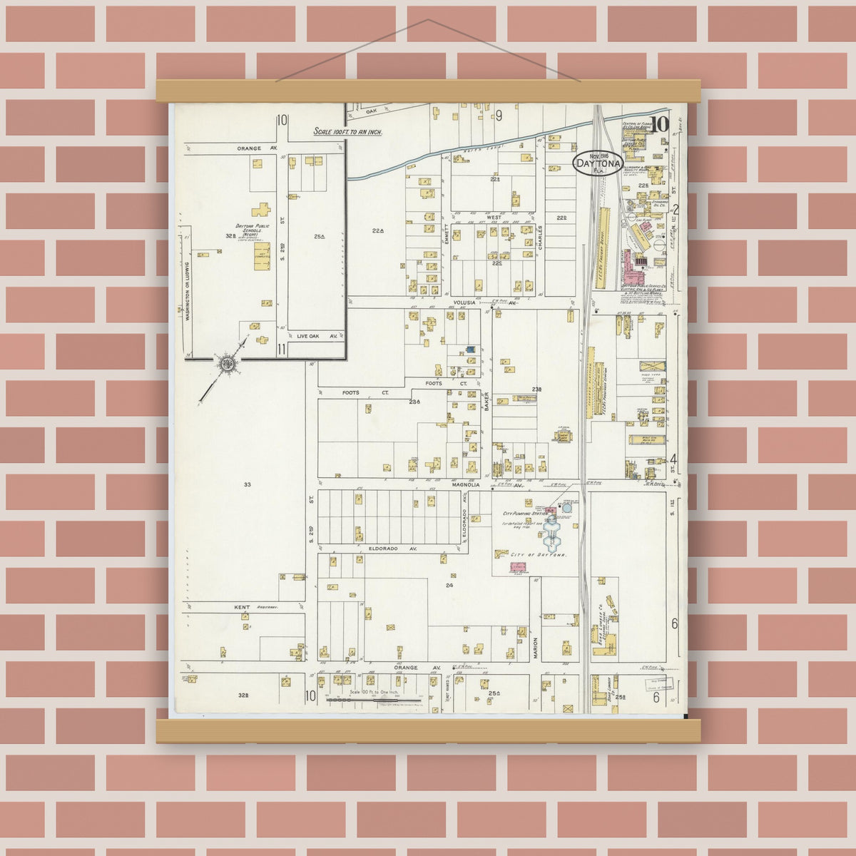 Old map wall art mockup — magnetic wood frame on brick wall — Sanborn Fire Insurance Map from Daytona, Volusia County, Florida (1916), Sheet #0010