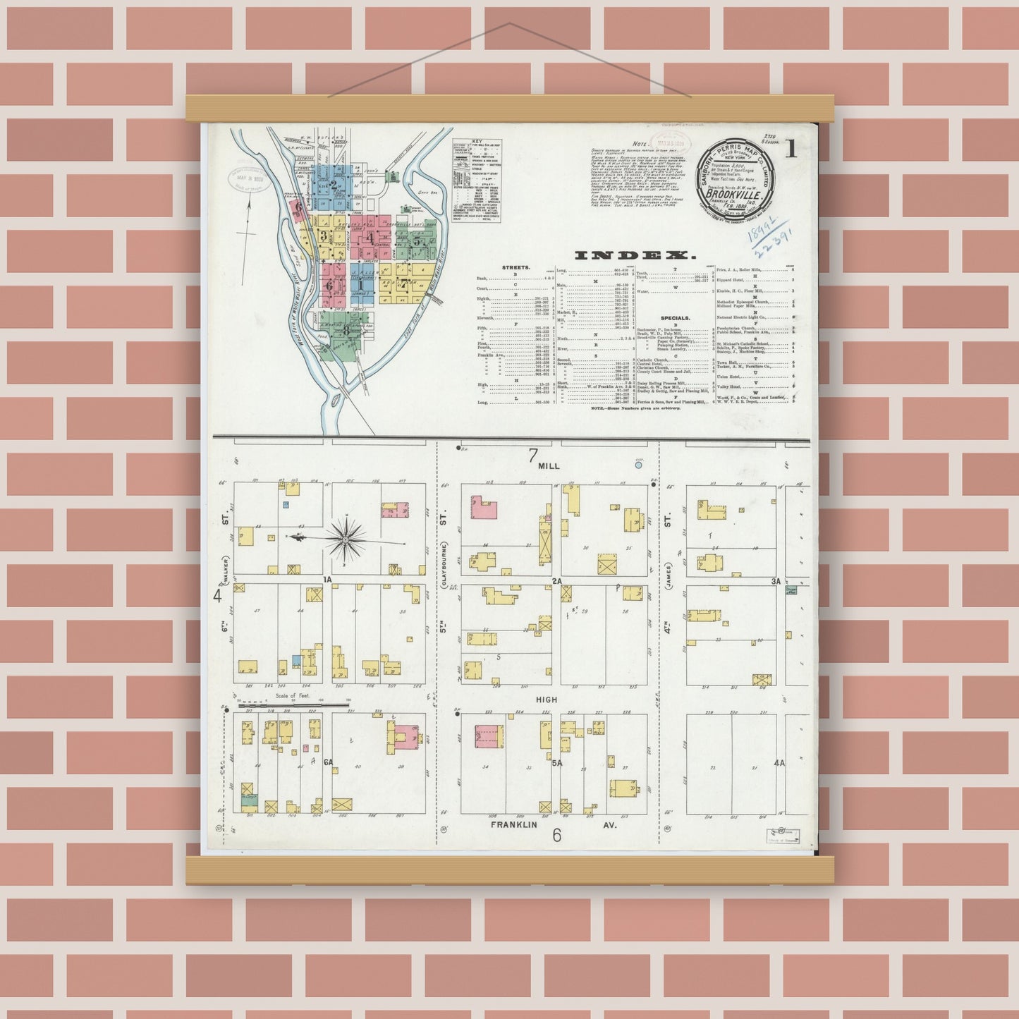 Old map wall art mockup — magnetic wood frame on brick wall — Sanborn Fire Insurance Map from Brookville, Franklin County, Indiana (1899) - Complete Map Set