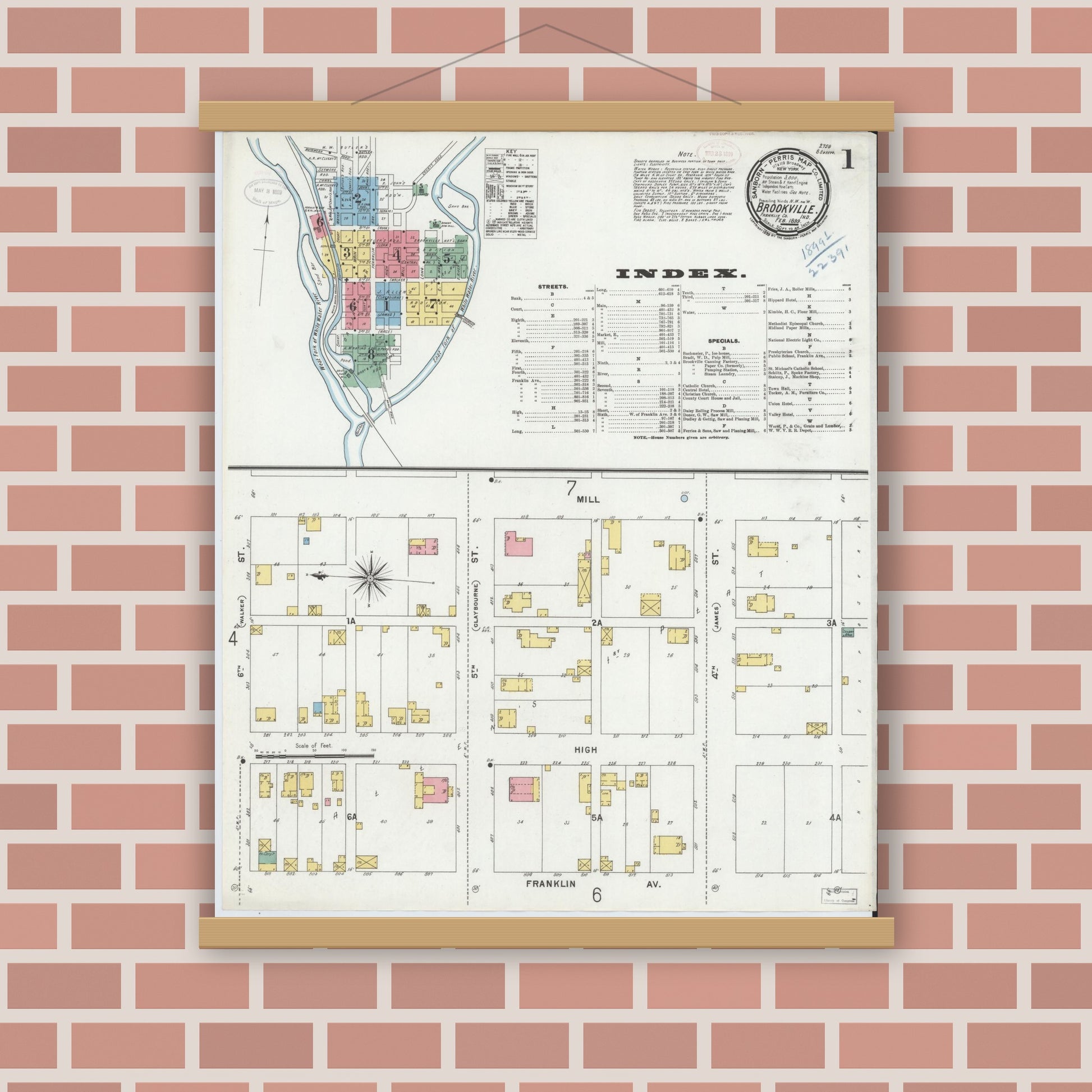 Old map wall art mockup — magnetic wood frame on brick wall — Sanborn Fire Insurance Map from Brookville, Franklin County, Indiana (1899) - Complete Map Set
