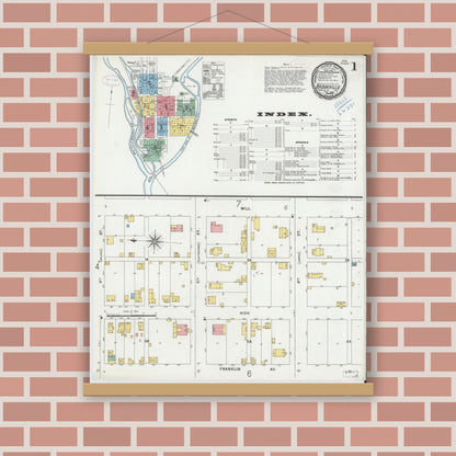 Old map wall art mockup — magnetic wood frame on brick wall — Sanborn Fire Insurance Map from Brookville, Franklin County, Indiana (1899) - Complete Map Set
