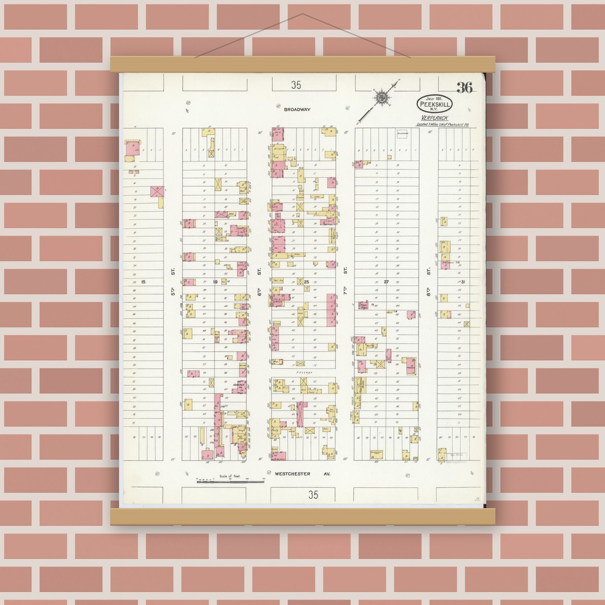 Old map wall art mockup — magnetic wood frame on brick wall — Sanborn Fire Insurance Map from Peekskill, Westchester County, New York (1911), Sheet #0036