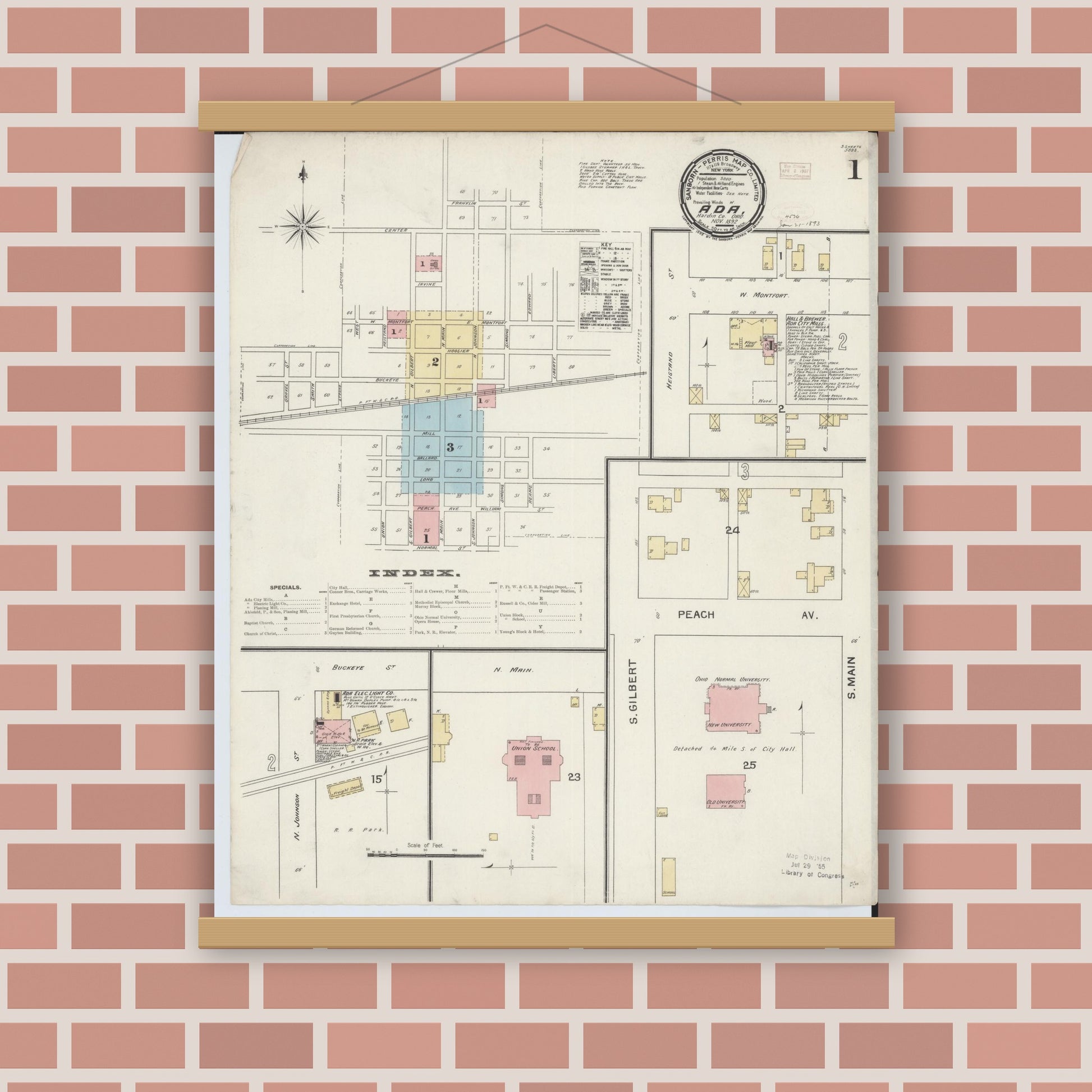 Old map wall art mockup — magnetic wood frame on brick wall — Sanborn Fire Insurance Map from Ada, Hardin County, Ohio (1892), Sheet #0001