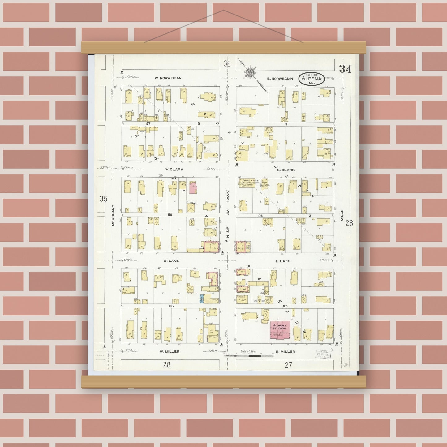 Old map wall art mockup — magnetic wood frame on brick wall — Sanborn Fire Insurance Map from Alpena, Alpena County, Michigan (1910), Sheet #0034