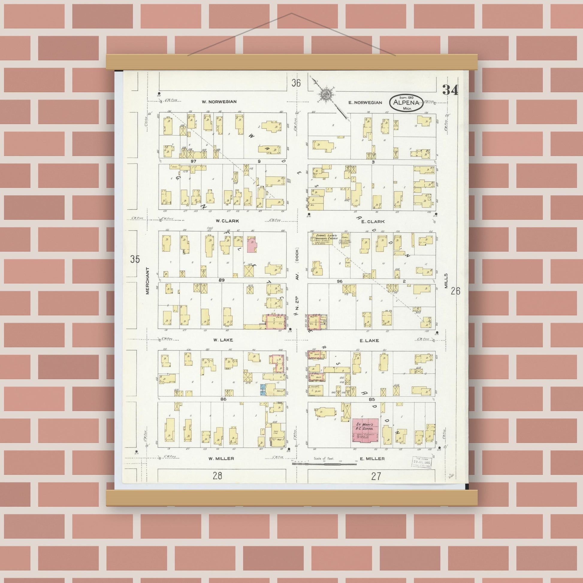 Old map wall art mockup — magnetic wood frame on brick wall — Sanborn Fire Insurance Map from Alpena, Alpena County, Michigan (1910), Sheet #0034