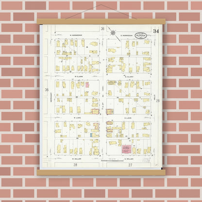 Old map wall art mockup — magnetic wood frame on brick wall — Sanborn Fire Insurance Map from Alpena, Alpena County, Michigan (1910), Sheet #0034