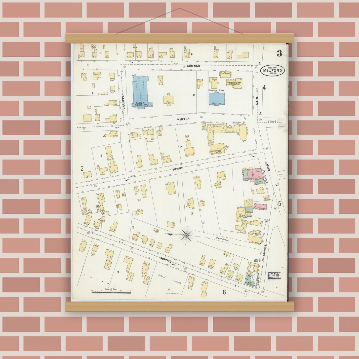 Old map wall art mockup — magnetic wood frame on brick wall — Sanborn Fire Insurance Map from Milford, Worcester County, Massachusetts (1897), Sheet #0003