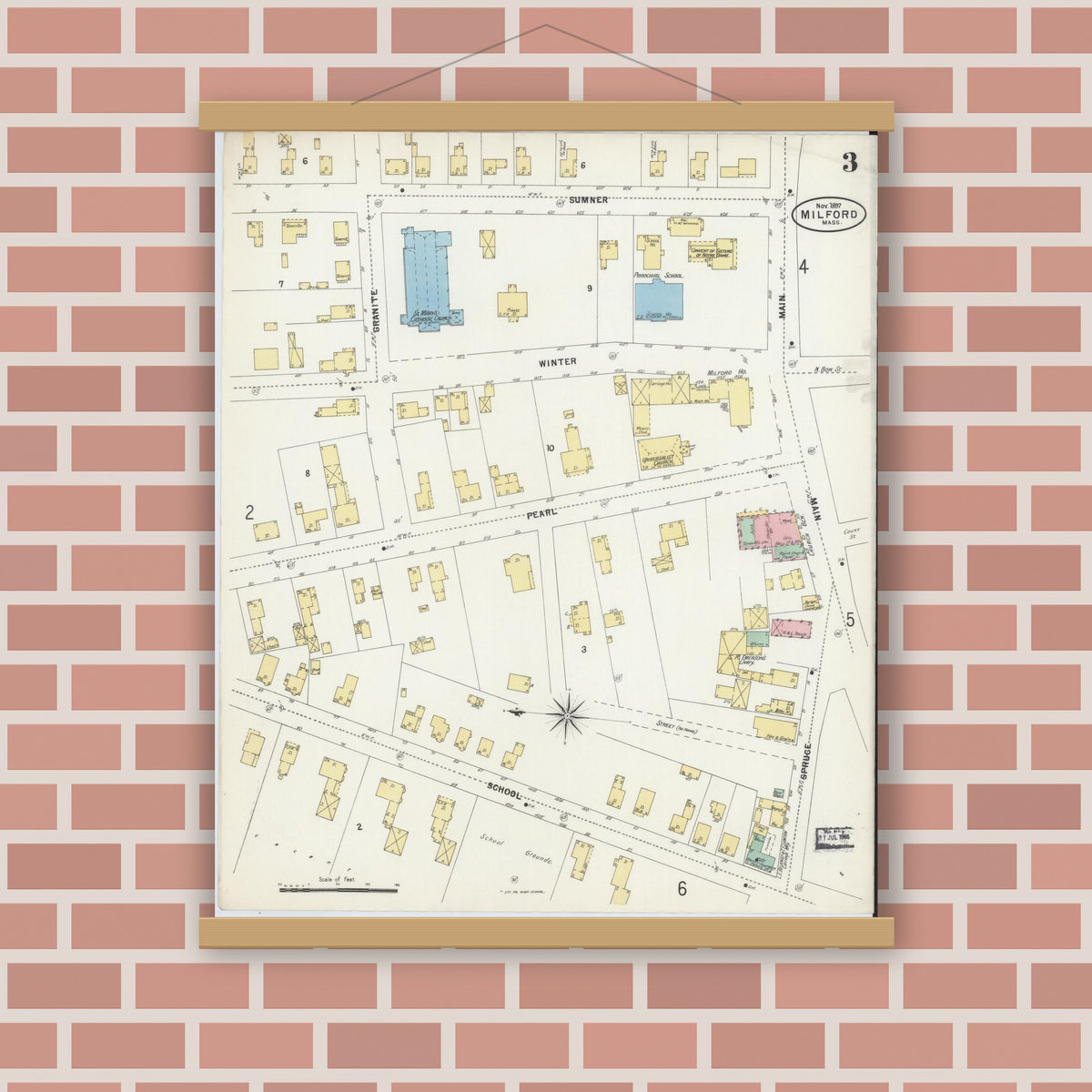 Old map wall art mockup — magnetic wood frame on brick wall — Sanborn Fire Insurance Map from Milford, Worcester County, Massachusetts (1897), Sheet #0003