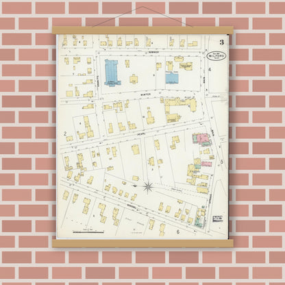 Old map wall art mockup — magnetic wood frame on brick wall — Sanborn Fire Insurance Map from Milford, Worcester County, Massachusetts (1897), Sheet #0003