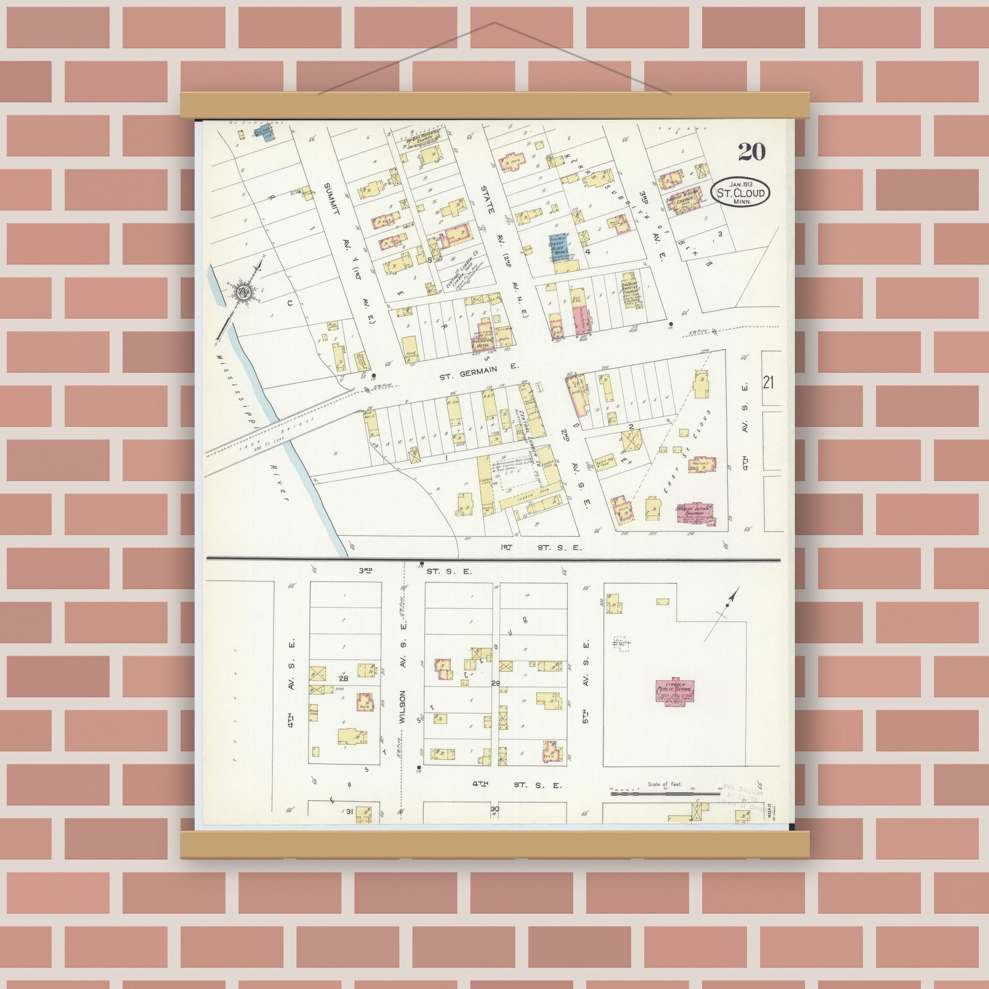 Old map wall art mockup — magnetic wood frame on brick wall — Sanborn Fire Insurance Map from Saint Cloud, Stearns, Benton, and Sherburne Counties, Minnesota (1913), Sheet #0020