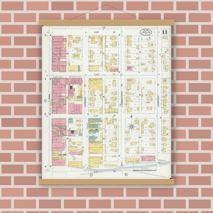 Old map wall art mockup — magnetic wood frame on brick wall — Sanborn Fire Insurance Map from Joplin, Jasper County, Missouri (1900), Sheet #0011